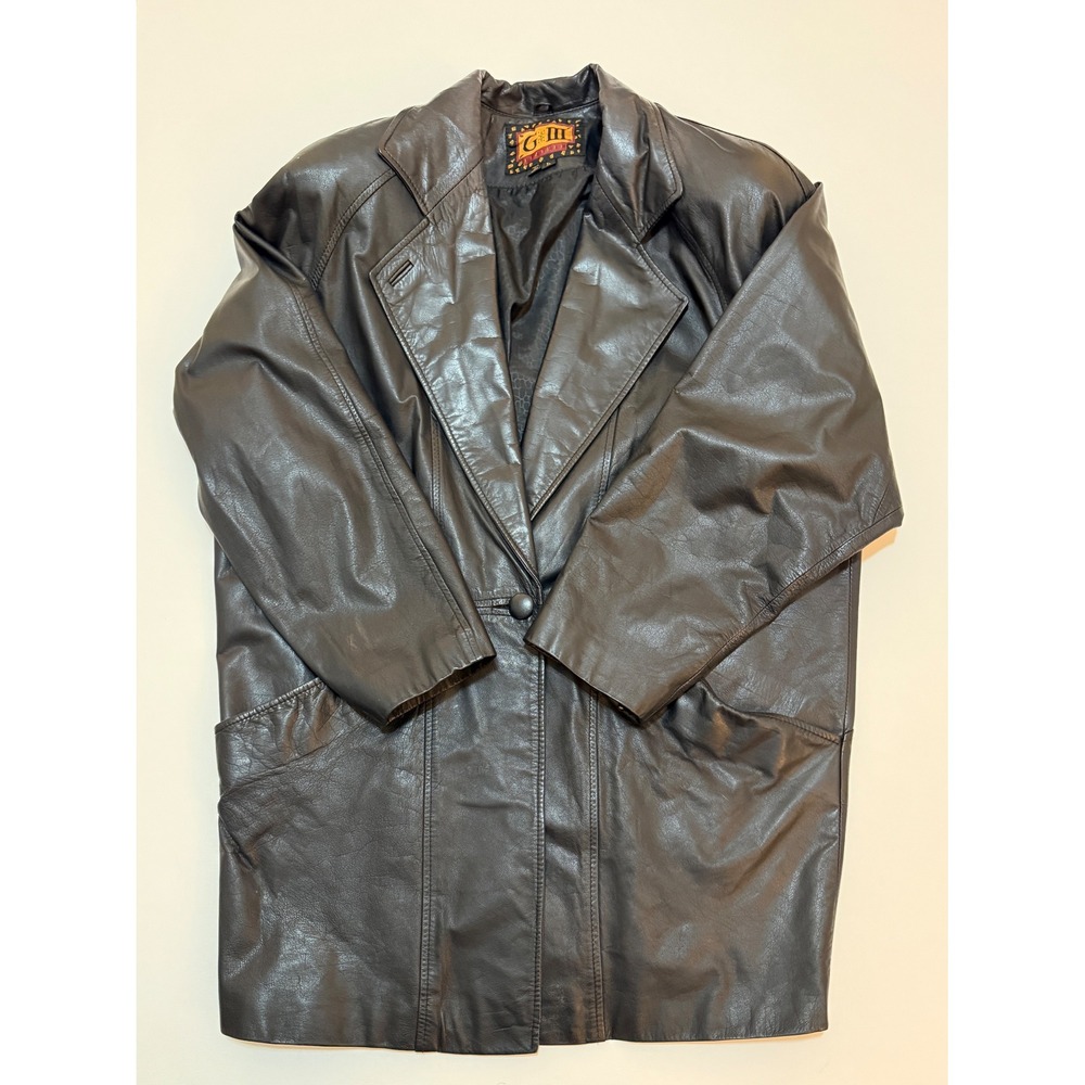 G-III Leather Jacket Womens Large Black Vintage Longline Oversized Coat 80s 90s
